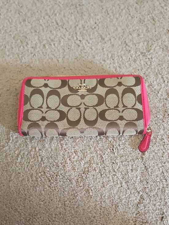 Coach Handbags - EUC Coach Signature Continental Wallet in Khaki/Brown with Pink Trim